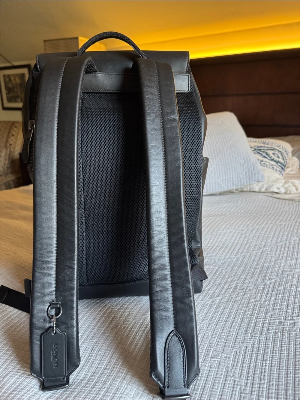 Coach Black Leather Men's Backpack with Front Zip Pocket